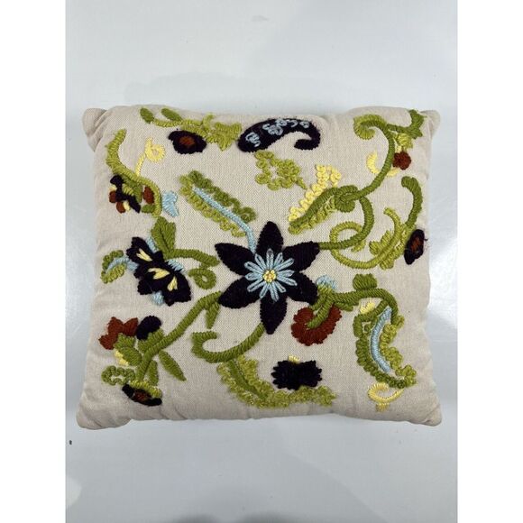 Other - Floral Crewel Embroidery Needlepoint PILLOW Cottage‎ Core Boho Beige Green Soft